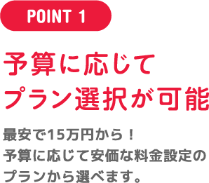 POINT1 予算に応じてプラン選択が可能 最安で15万円から！予算に応じて安価な料金設定のプランから選べます。